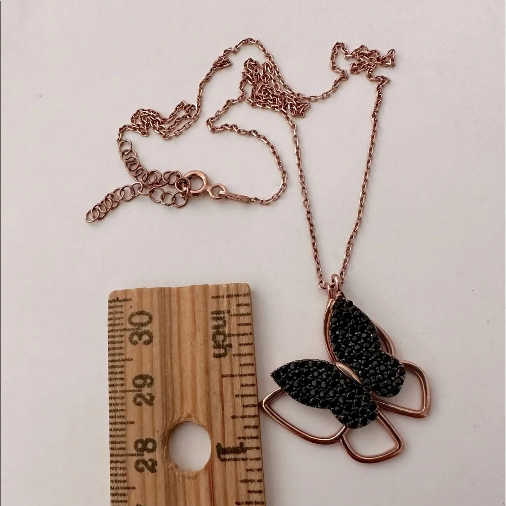 925 Silver butterfly necklace black cz 14k rose gold plated